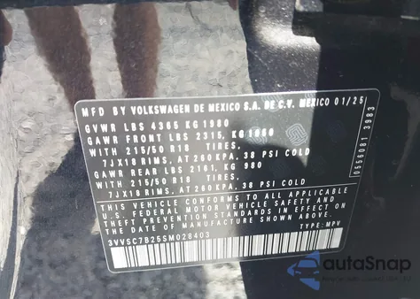 2025 Volkswagen Taos 1.5T Se z USA, uszkodzony, nr VIN 3VVSC7B25SM028403